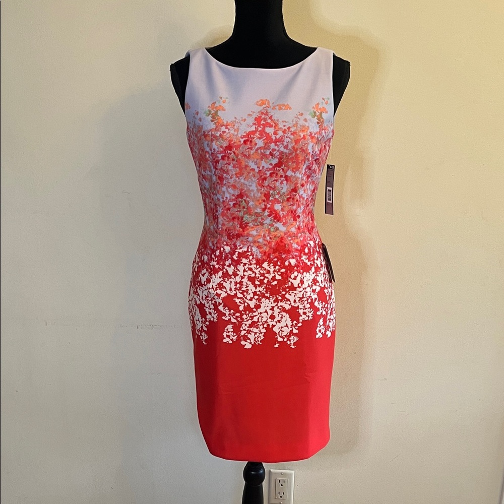 Tahari Arthur S Levine Elegant Floral Midi Dress - Red and White